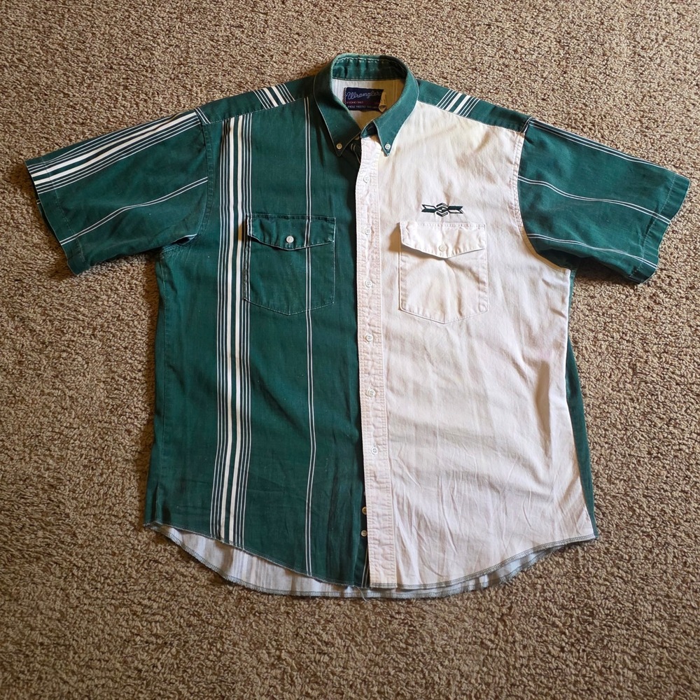 Vintage Wrangler Shirt Mens XL Green White Colorblock Striped Western 17.5 USA